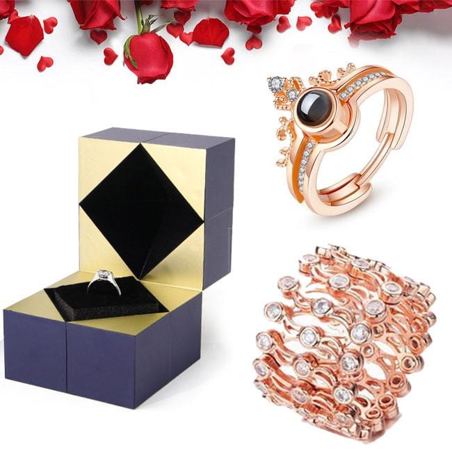 LoveSpell Jewelry Set - I Love You Ring + Retractable Ring Bracelet + Magical Puzzle Box Set